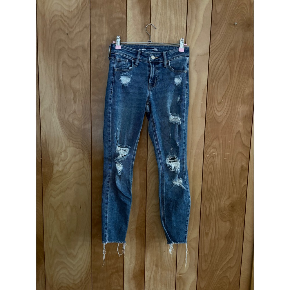 Old Navy Rockstar Super Skinny Distressed‎ Jeans Mid Rise Blue Denim Womens 00
